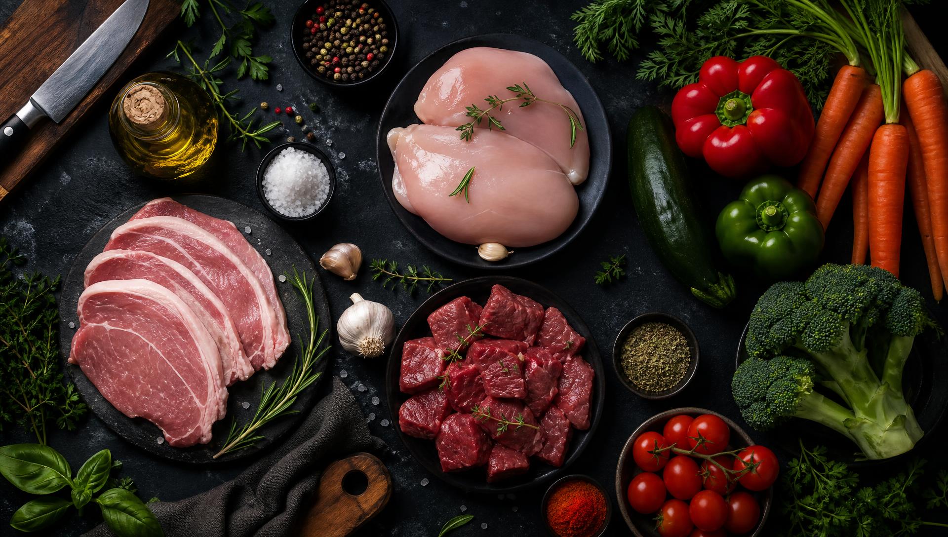 Vegetales frescos y cortes de carne listos para preparar almuerzos saludables en Medellín