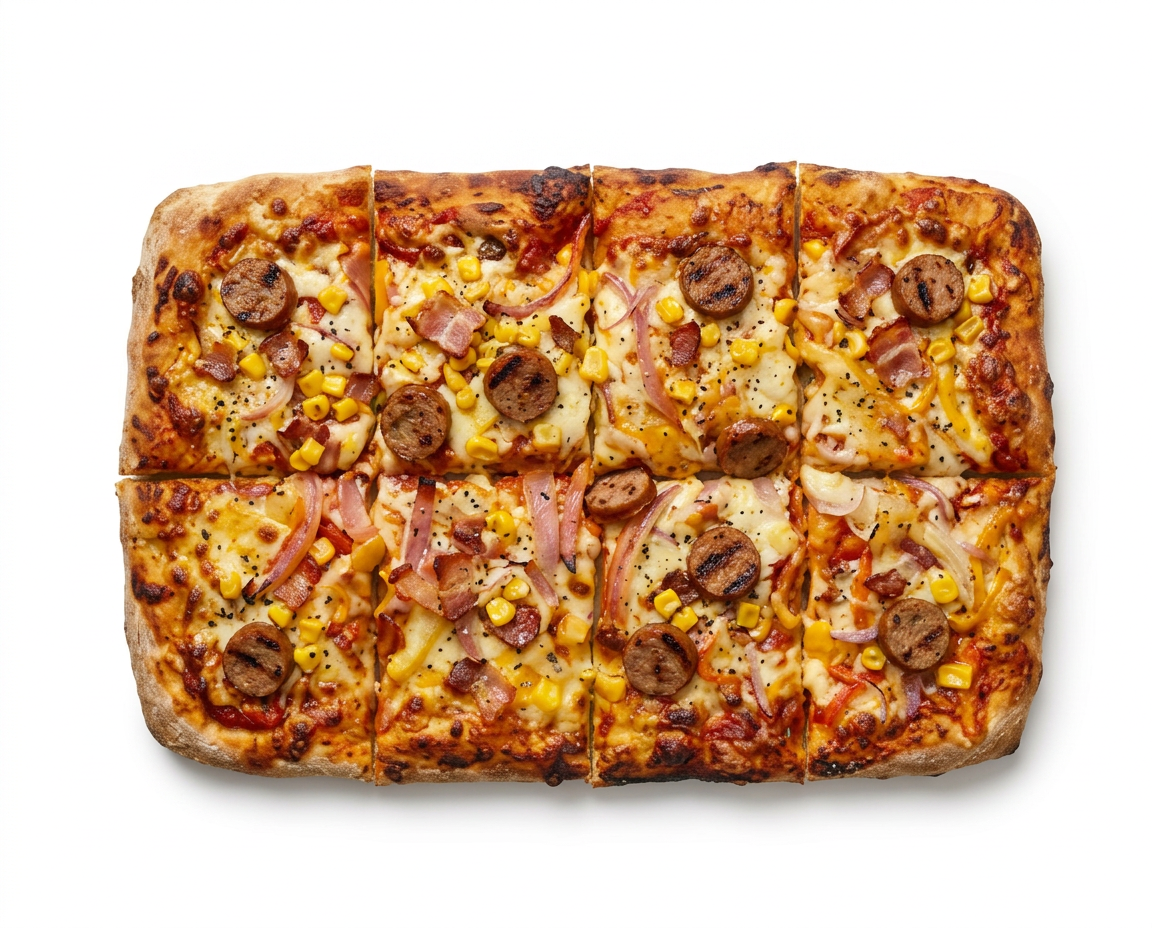 Pizza Ranchera rectangular en 8 porciones cuadradas