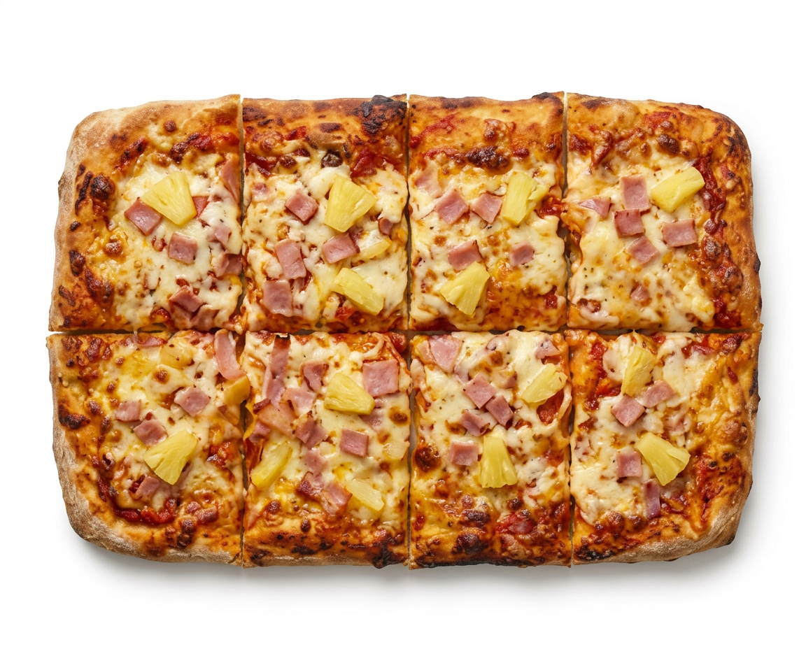 Pizza Hawaiana rectangular en 8 porciones cuadradas